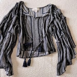 Vintage Havana Navy Print Top with Bell Sleeves - EUC sz S